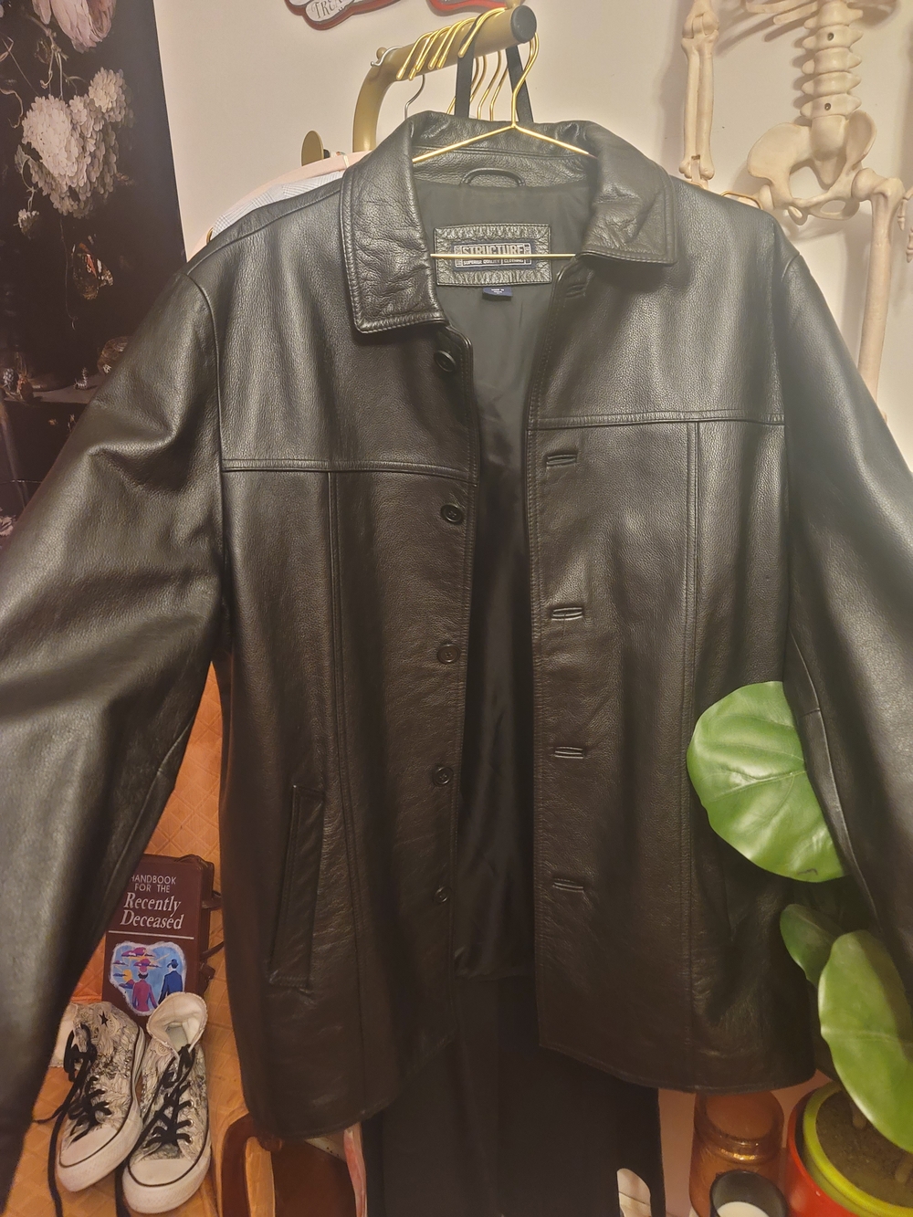 'Structure' Black Leather Button-Front Jacket Mens L